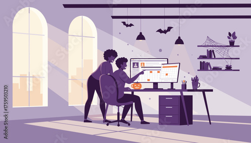 Colleagues planning on computer in festive Halloween office Collaboration business seasonal marketing