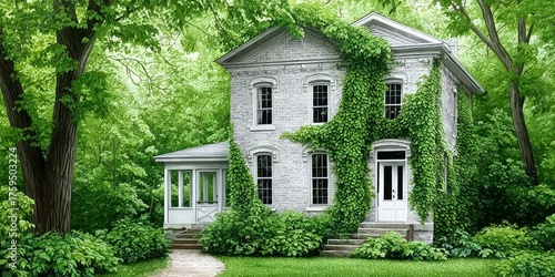 Wallpaper Mural A watercolor scene of an abandoned foreclosed home with nature overgrowing Torontodigital.ca