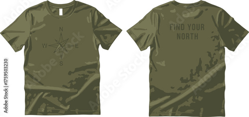 Olive green tshirt isolated on white background featuring a crew neck, short sleeves, and a relaxed fit, displayed in both front and back views, showcasing a casual and comfortable style