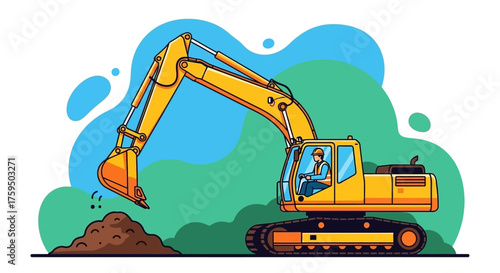 Yellow excavator with operator digging earth Construction development heavy machinery work