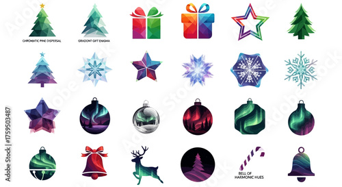 Vibrant festive ornaments and icons for joyful winter holiday designs, including Christmas trees, snowflakes, gifts, stars, bells, and deer