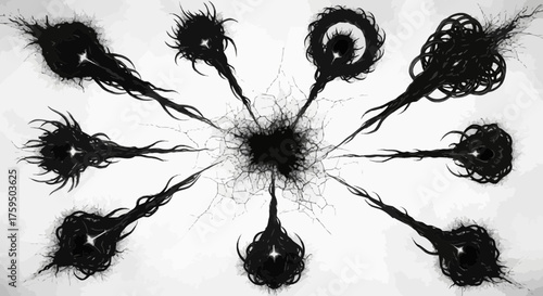 Eerie abstract design featuring black tendrils emanating from a central void, creating a sense of mystery and otherworldly presence suitable for creative projects