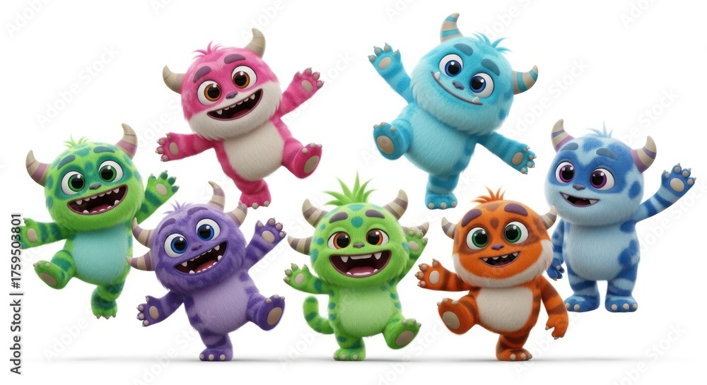 Naklejka premium Cheerful array of colorful cartoon monsters expressing joy and exuberance in playful poses