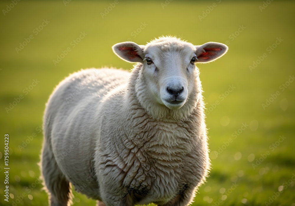 Fototapeta premium A fluffy white sheep stands in a vibrant green pasture, looking directly at the viewer with soft sunlight illuminating its wool.
