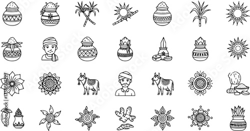 Pongal Harvest Festival Line Art Icons Set. Traditional Indian Symbols: Sugarcane, Sun, Cow, Kalash Pot, Farmer. Perfect for Makar Sankranti, Lohri, Bihu, Uttarayan.