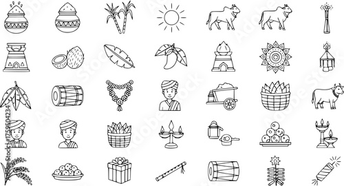 Line art icons of Pongal and Sankranti festival elements, depicting traditional Indian harvest celebrations, cultural symbols, food, and auspicious items.