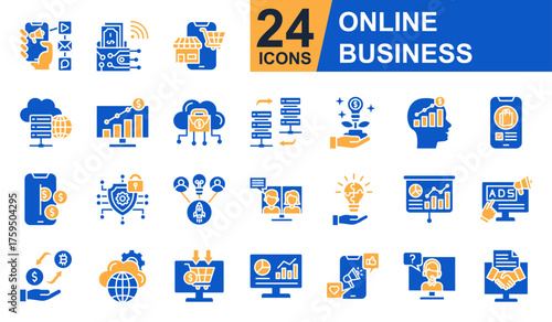 Online Business Icons set vector illustration. Containing Digital Wallet, Web Hosting, Online Growth, Smart Investment, Business Mind and more. Simple solid icons collection.