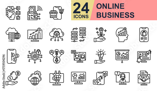 Online Business Icons set vector illustration. Containing Digital Wallet, Web Hosting, Online Growth, Smart Investment, Business Mind and more. Simple line icons collection.