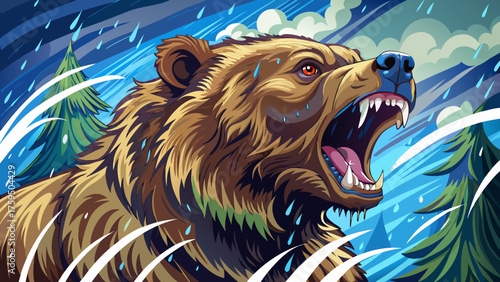 Very beautiful close-up of a powerful Alaskan grizzly bear shaking off a heavy downpour, droplets scattering in every direction, capturing raw strength, motion, and wilderness energy in the rain.
