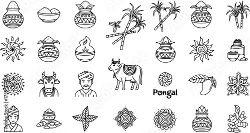 Pongal Festival Line Art Icons Set. Traditional Indian Hindu Harvest Celebration Symbols and Elements like Rice Pot, Sugarcane, Sun, Cow, Mango, and Turmeric. Vector Illustration.