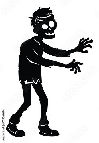 Spooky black silhouette of a classic zombie reaching out with ragged clothes and vacant, dead eyes. Vector cartoon illustration