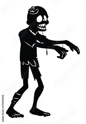 Grimacing black silhouette of a zombie with an exposed brain, ragged clothing, and bare feet, shuffling forward. Vector cartoon illustration