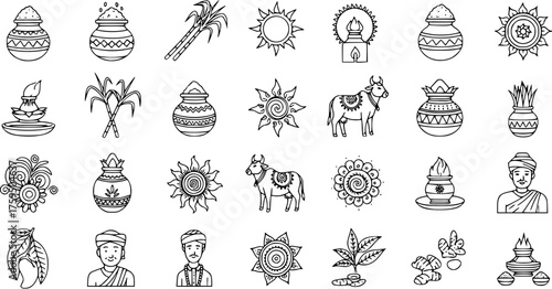 Pongal, Sankranti  Harvest Festival Line Art Icons Set. Traditional Indian Cultural Symbols: Sun, Cow, Pot, Sugarcane, Diya, Farmer, Rangoli. Vector Illustration Kit.