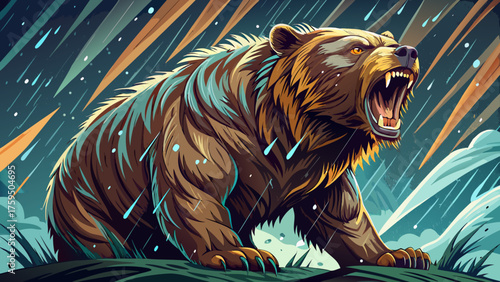 Very beautiful close-up of a powerful Alaskan grizzly bear shaking off a heavy downpour, droplets scattering in every direction, capturing raw strength, motion, and wilderness energy in the rain.