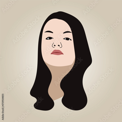 Modern flat vector portrait of a young woman with long black hair and neutral background, simple minimalist style with transparent background.