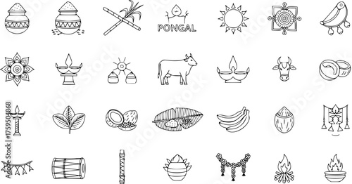 Set of line art icons for Pongal festival, depicting traditional symbols, offerings, rituals, and elements like sugarcane, pots, sun, cow, and kalash.