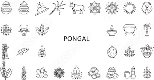 Pongal Festival Line Icons Set. Traditional Indian Harvest Celebration Symbols with Food, Animals, and Cultural Elements