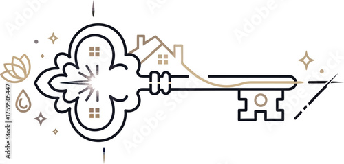 Elegant key with house and floral design isolated on white background, representing real estate, home ownership, or property investment with a touch of sophistication and charm