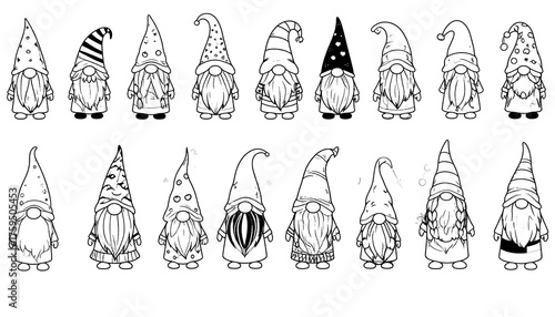 Collection of whimsical garden gnome illustrations, detailed with various patterned hats and long beards, suitable for coloring