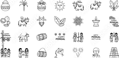 Happy Pongal Festival Line Art Icons Set. Traditional South Indian harvest celebration symbols: pot, sun, cow, temple, drum, people, sugarcane. Vector illustrations.