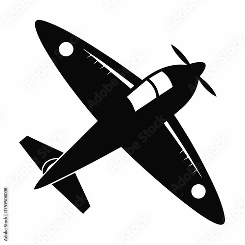 Black silhouette of a vintage propeller airplane in flight against a white background