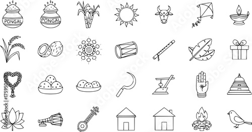 Pongal Festival Line Art Icons Set. Traditional Indian Harvest Celebration Elements Collection, including Sun, Cow, Sugarcane, Diya, Sweets, and Musical Instruments.