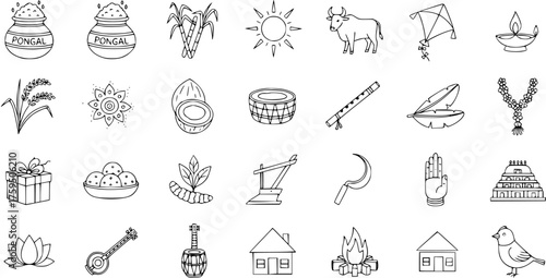 Pongal Festival Line Art Icons Set. Hand Drawn Doodle Elements for South Indian Harvest Celebration, Traditional Food, Culture, and Symbols.
