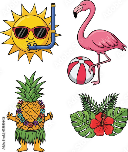 Set of cute cartoon summer vacation tropical elements.