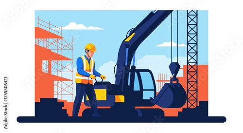 Worker in hardhat and vest operates excavator at construction site Industry development concept