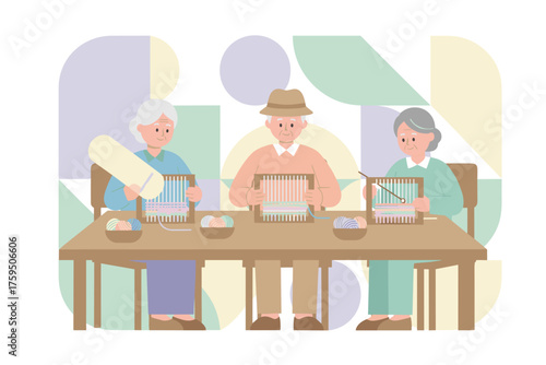 Three seniors enjoy weaving colorful fabrics together promoting relaxation and hobby crafts