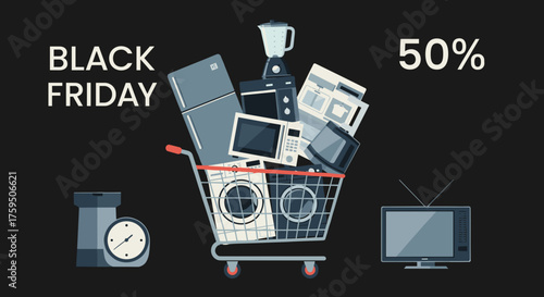 Black Friday sale Shopping cart overflowing with discounted home appliances