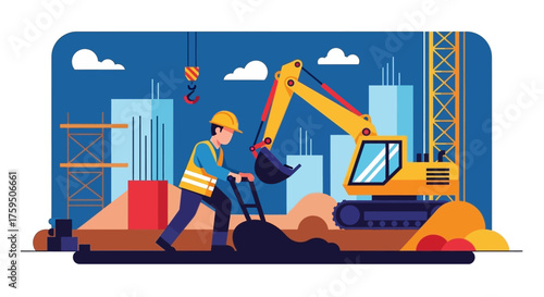 Worker excavator and crane at a construction site for building and urban development