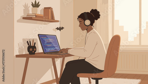Focused woman coding on laptop with headphones at home remote work  technology lifestyle