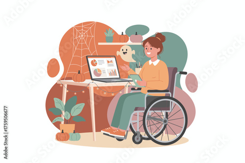 Smiling woman in wheelchair working on laptop with Halloween decor Remote work and festive office