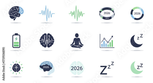 Meditative Brainwave Icons, 2026 Digital Pack, White Background, Vector Illustrations, Calm Environment, Flat Design Concept