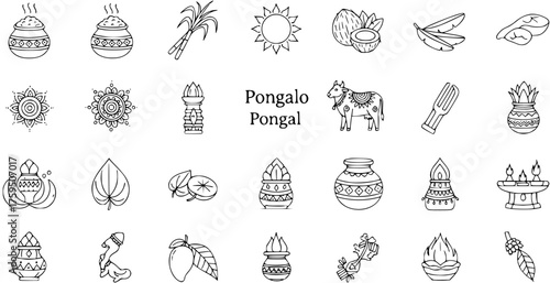 Pongal Festival Line Art Icons Set. Traditional Hindu Harvest Holiday Symbols including Pot, Sugarcane, Sun, Cow, Coconut, Lamps, Turmeric, Mango, Betel Leaf, and Kolam designs.