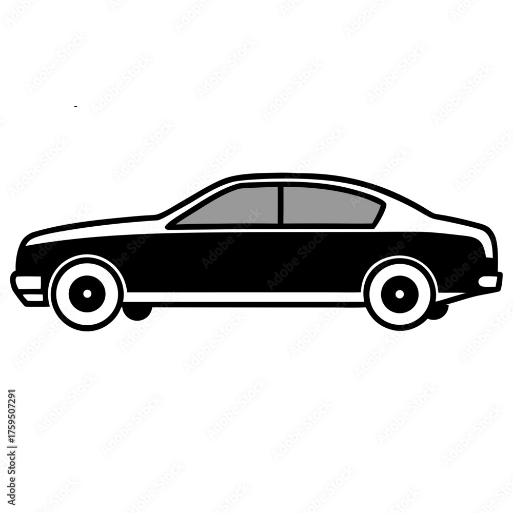 Fototapeta premium Stylized black sedan car silhouette with gray tinted windows and white accents
