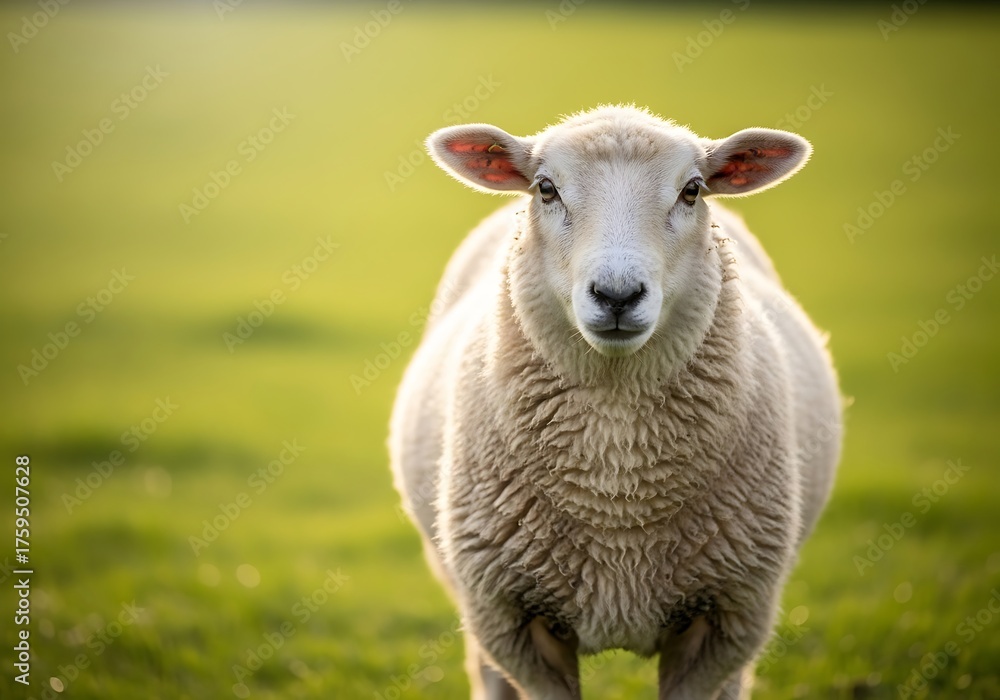 Obraz premium A single white fluffy sheep stands in a lush green pasture looking directly into the camera with a curious expression.