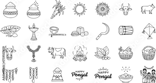 Traditional Pongal festival celebration outline icons set, featuring South Indian harvest symbols like rice pots, sugarcane, sun, and cows.