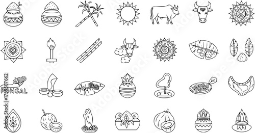 Pongal Festival Line Art Icons Set. Traditional Indian Harvest Celebration Symbols Collection. Black and White Outline Doodle Vector Graphics.