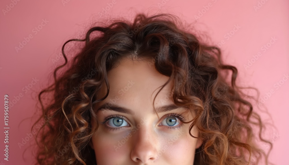Naklejka premium Woman with natural curly brown hair and blue eyes. Close up portrait on pink background. Soft lighting highlights detailed hair texture. Beauty and fashion concept.