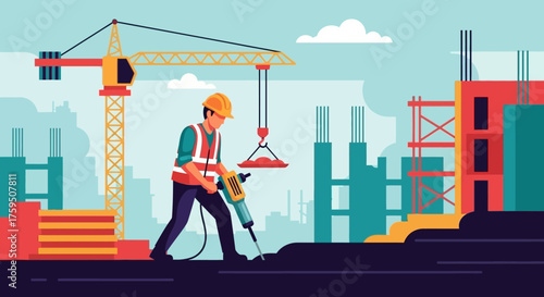 Construction worker operating a jackhammer at a large building site with crane and structures