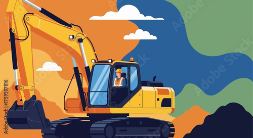 Excavator with operator at a construction site symbolizing development and heavy industry