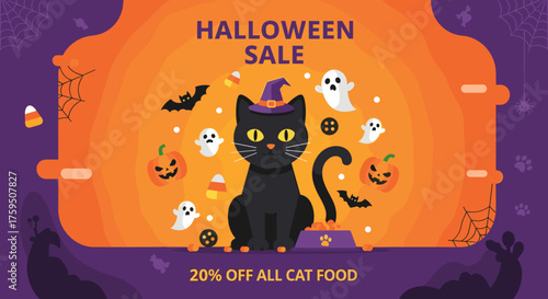Cute black cat in witch hat for a Halloween sale on pet food Spooky season discounts for pet supplies