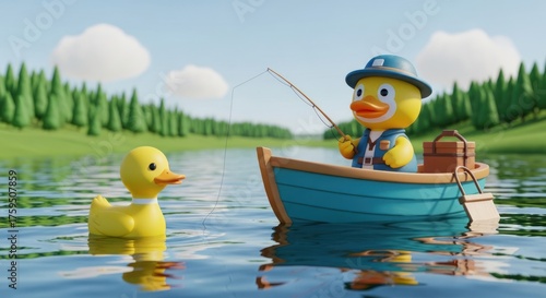 Whimsical scene of a duck fisherman on a serene lake with a rubber duck onlooker on summer day