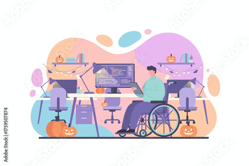 Person in wheelchair working remotely in a Halloweendecorated office Programming inclusivity lifestyle