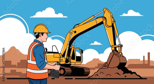 Construction worker supervises excavator on site Heavy machinery for building and development