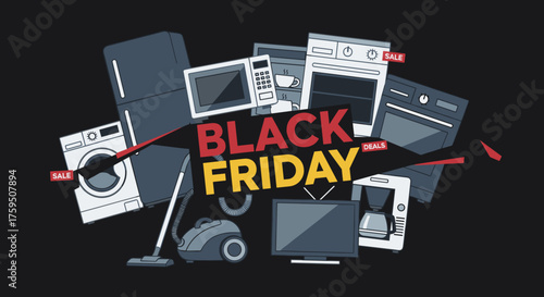 Black Friday sale illustration with household appliances and consumer electronics deals on black background