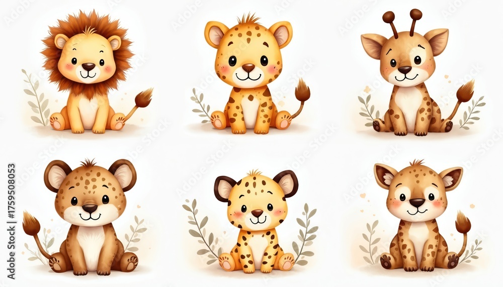 Fototapeta premium Adorable watercolor illustrations of baby animals. Cute lion cheetah giraffe and other safari animals sit on white background. Perfect for children designs decor
