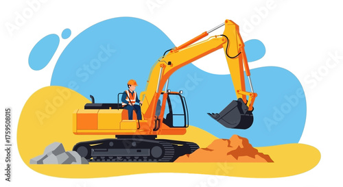 Construction worker operates a heavy excavator at a building site symbolizing industry and development